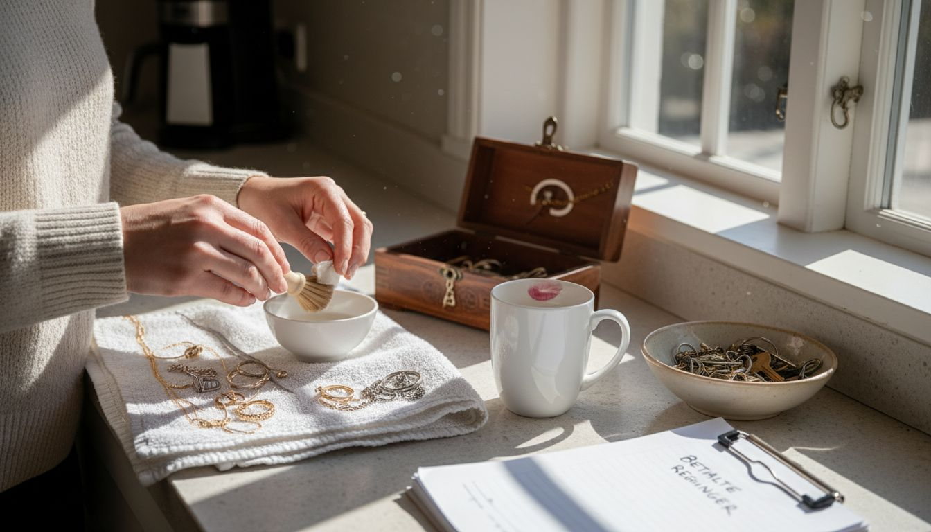 En kvinne pusser smykkene sine ved kjøkkenbenken mens sola strømmer inn gjennom vinduet.