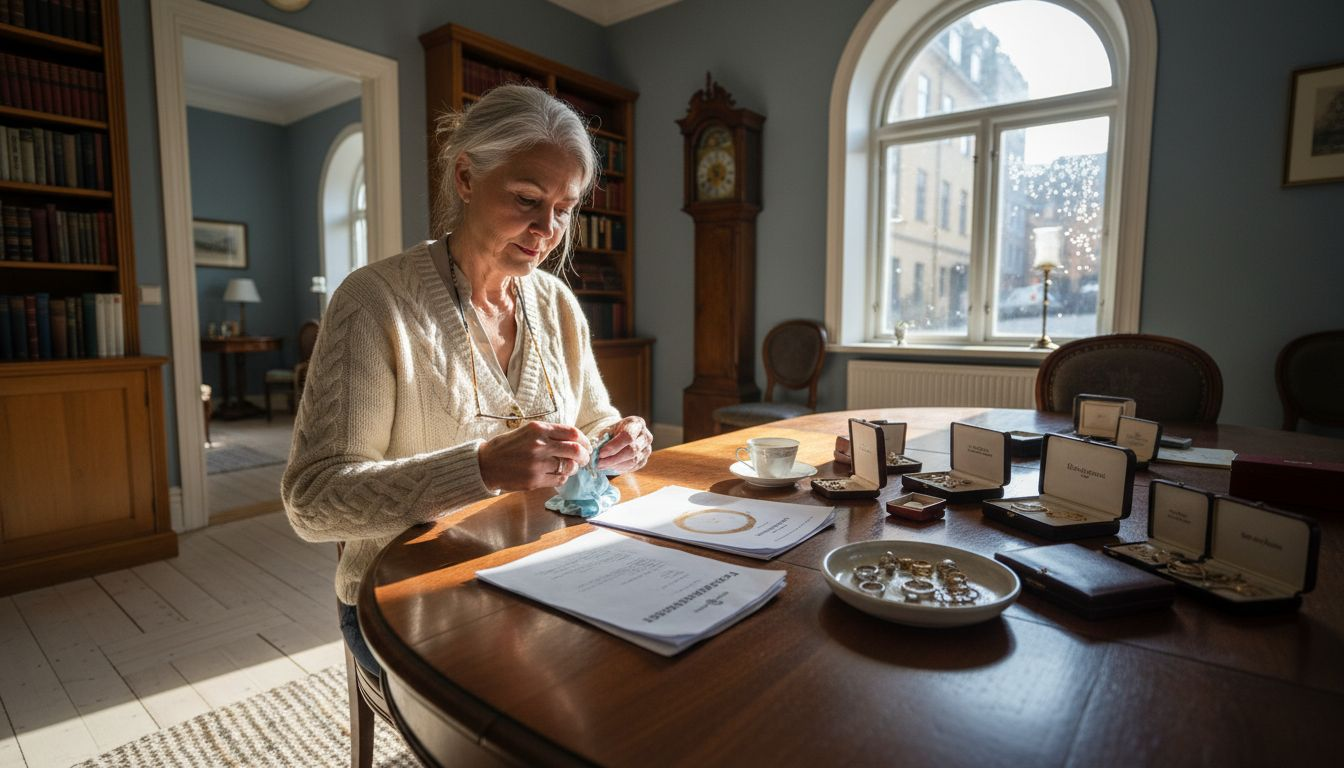 En kvinne sitter i leiligheten sin i Oslo og pusser smykker, nøye og konsentrert.