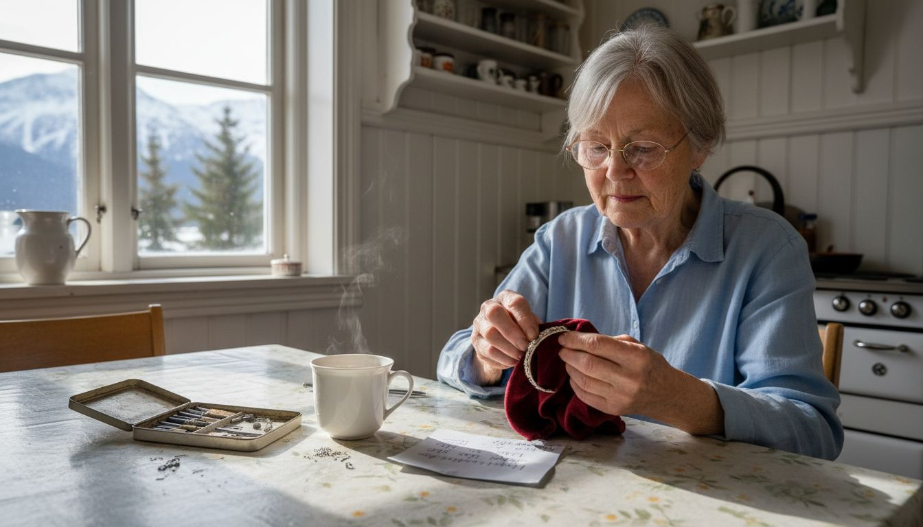 En kvinne sitter ved kjøkkenbordet og pusser på et smykke.
