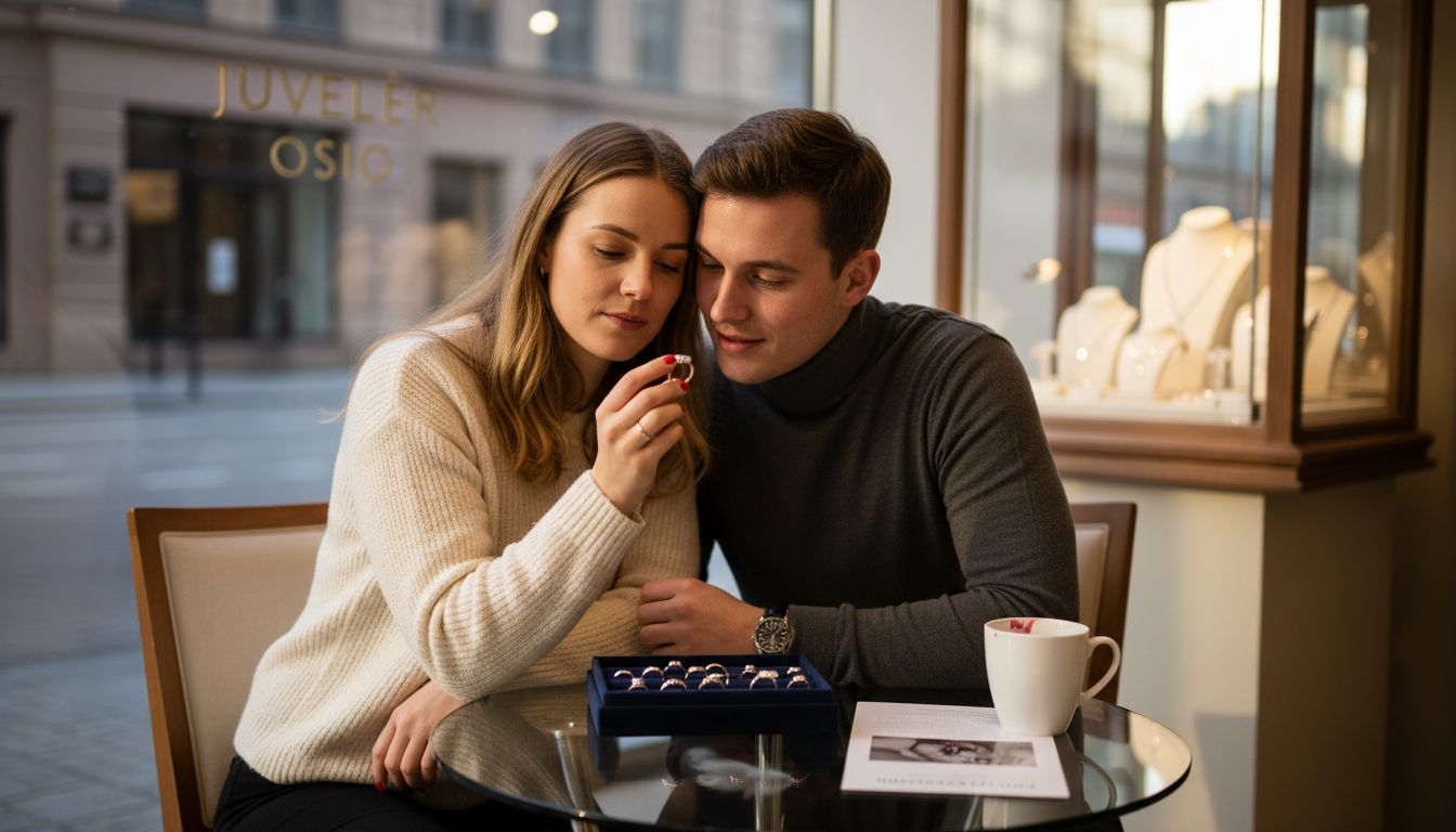 Et par ser på forlovelsesringer hos gullsmeden og vurderer hvilket ring de skal velge.