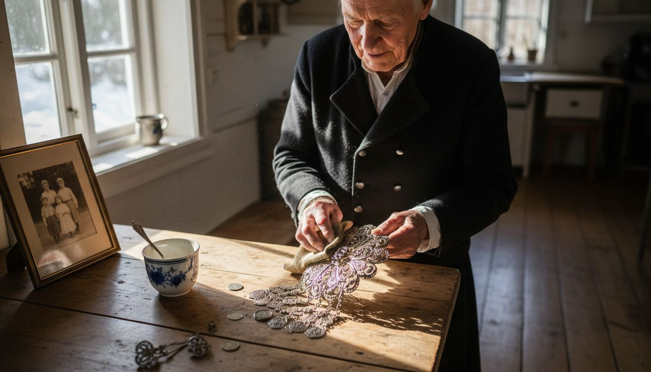 En eldre mann sitter og pusser søljer til bunaden sin.