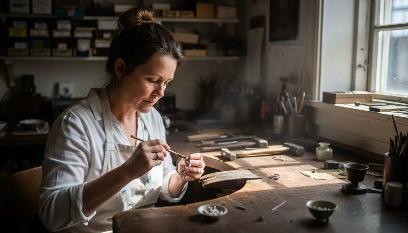 En gullsmed sitter ved arbeidsbenken og polerer et armbånd.