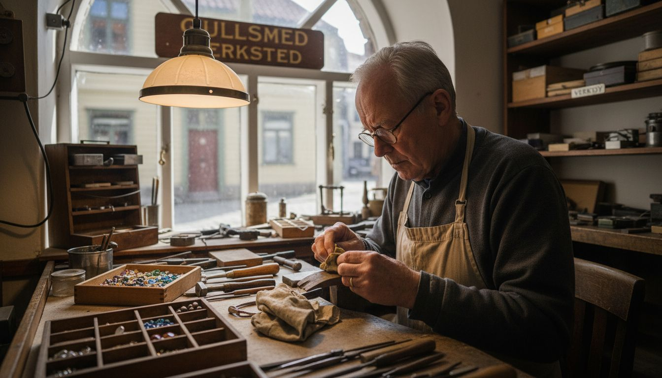 En gullsmed sitter i verkstedet og finpusser en håndlaget vielsesring.