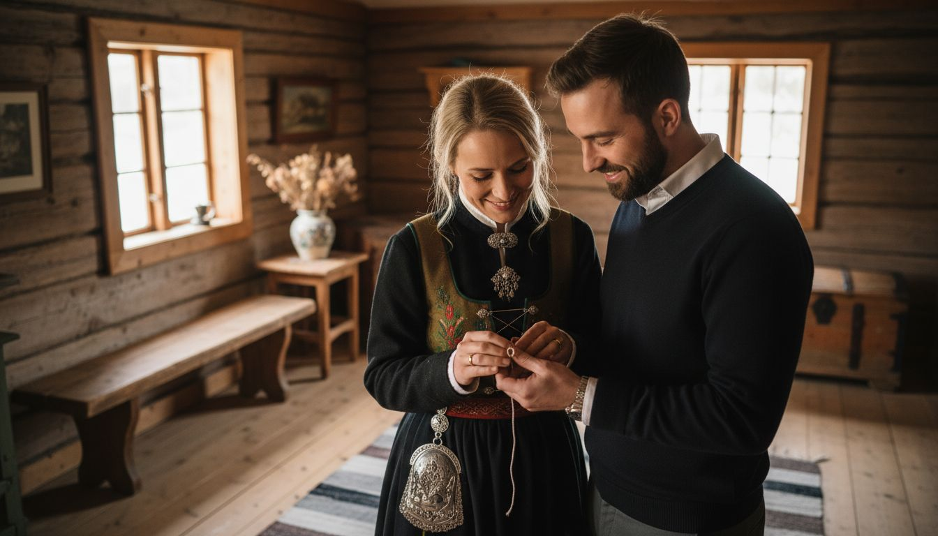 Et norsk brudepar kledd i tradisjonelle smykker til bryllupet
