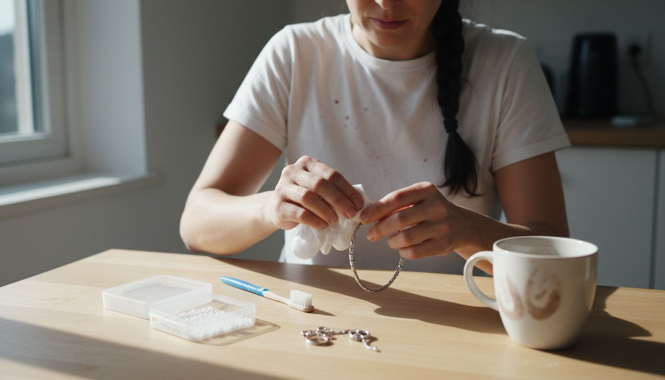 En kvinne sitter ved kjøkkenbordet og gjør sølvsmykket sitt blankt og fint.