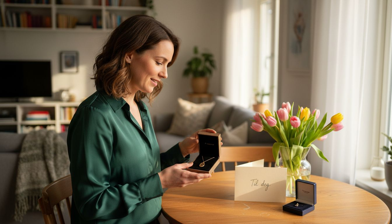 En kvinne sitter hjemme og åpner en gave med smykker, spent og glad over det hun finner i esken.