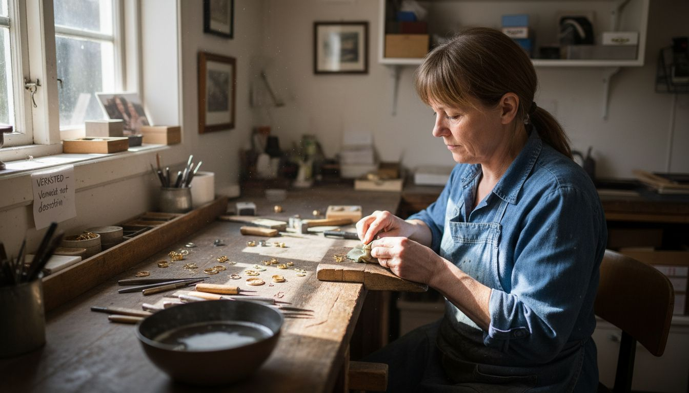 En gullsmed sitter ved arbeidsbenken og polerer et smykke.