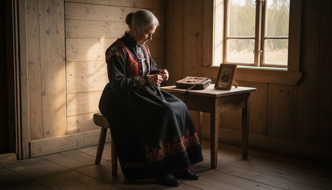 En kvinne pynter bunaden sin med tradisjonelt sølv.