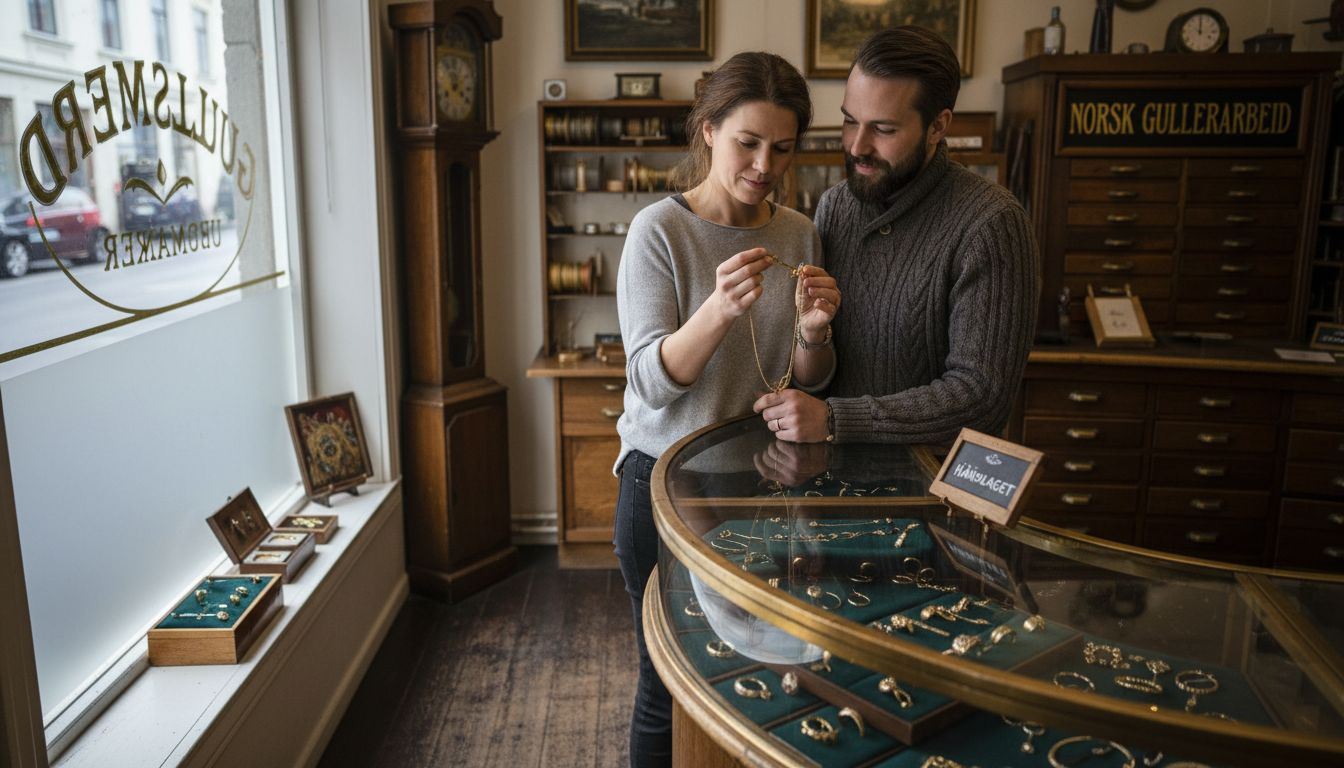 Et par ser nøye på et gullkjede i en smykkebutikk.