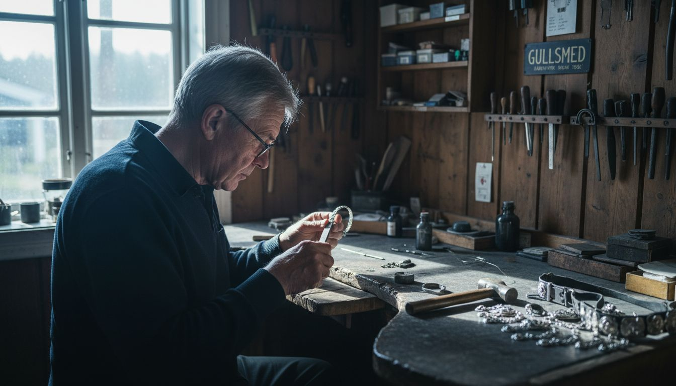 En gullsmed jobber på et norsk verksted og lager smykker med håndverkstradisjoner.