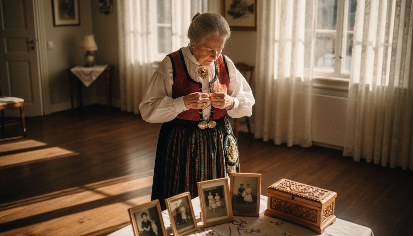 En norsk kvinne står i bunad og pynter seg med gullsmykker.