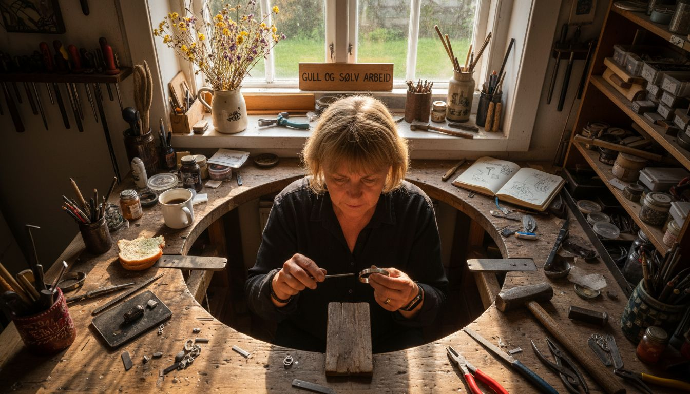 En gullsmed sitter ved benken sin og lager et armbånd for hånd.