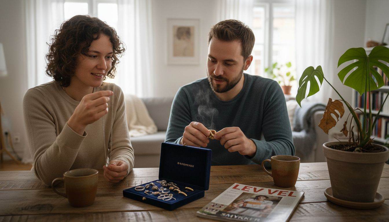 Et par som sammen ser på smykker hjemme og diskuterer hva de skal velge