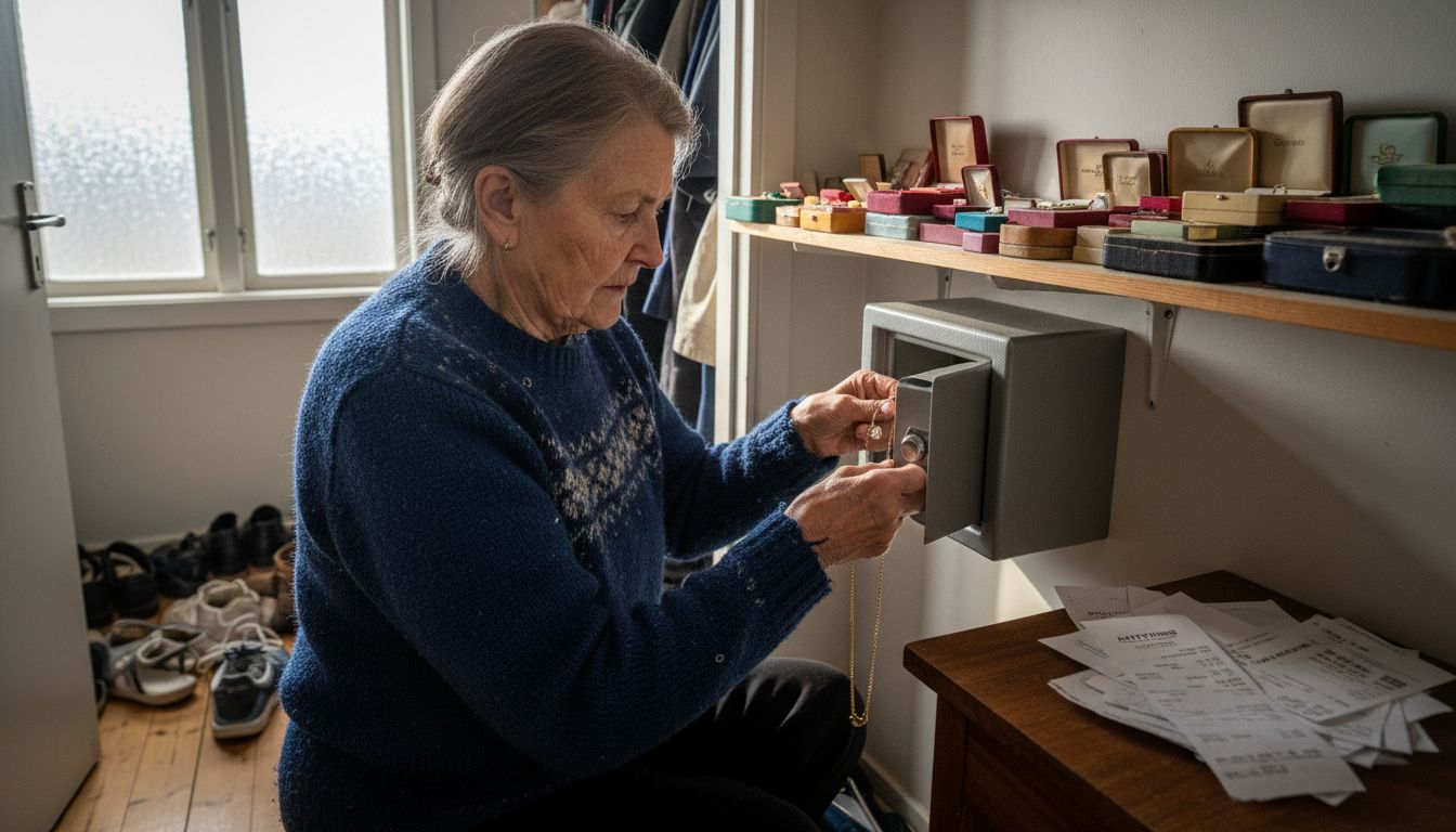 Eldre dame legger smykkene sine trygt i hjemmets safe