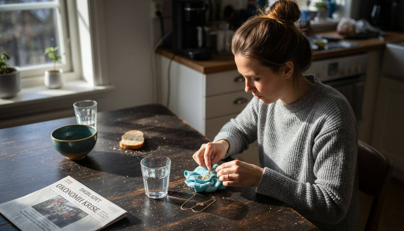 En person pusser gullsmykket sitt hjemme ved kjøkkenbordet.