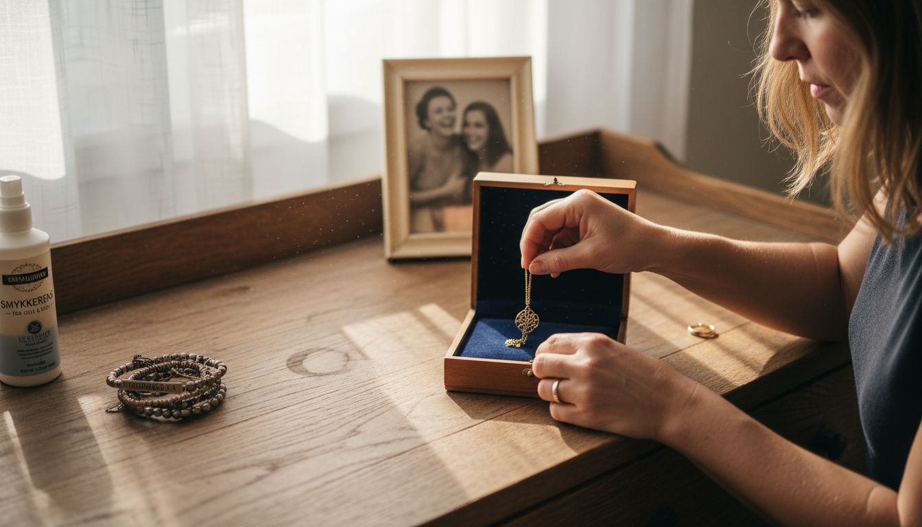En kvinne legger et gullkjede forsiktig ned i smykkeskrinet sitt.