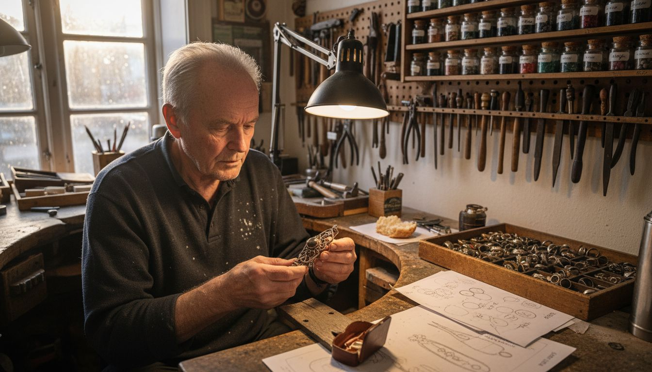 En gullsmed sitter ved arbeidsbenken og gir nytt liv til et gammelt smykke.