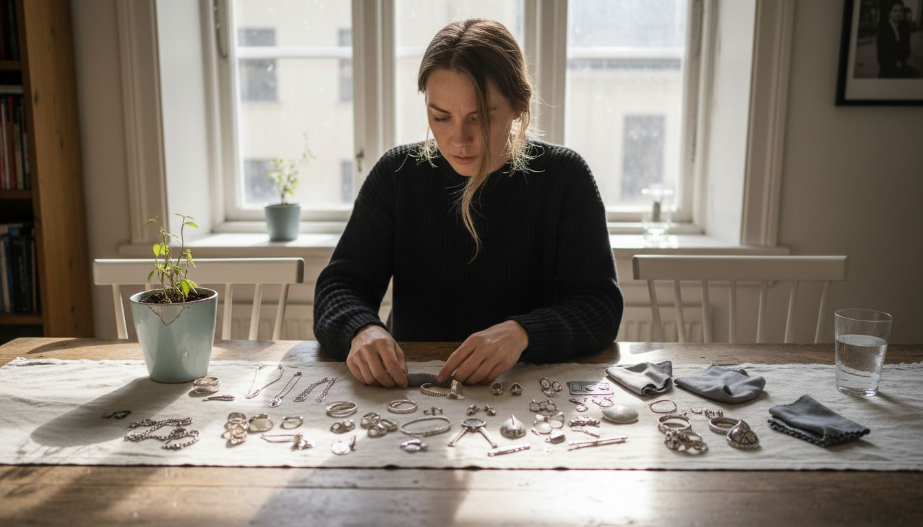 En kvinne sorterer og legger frem sju ulike typer smykker i sølv.