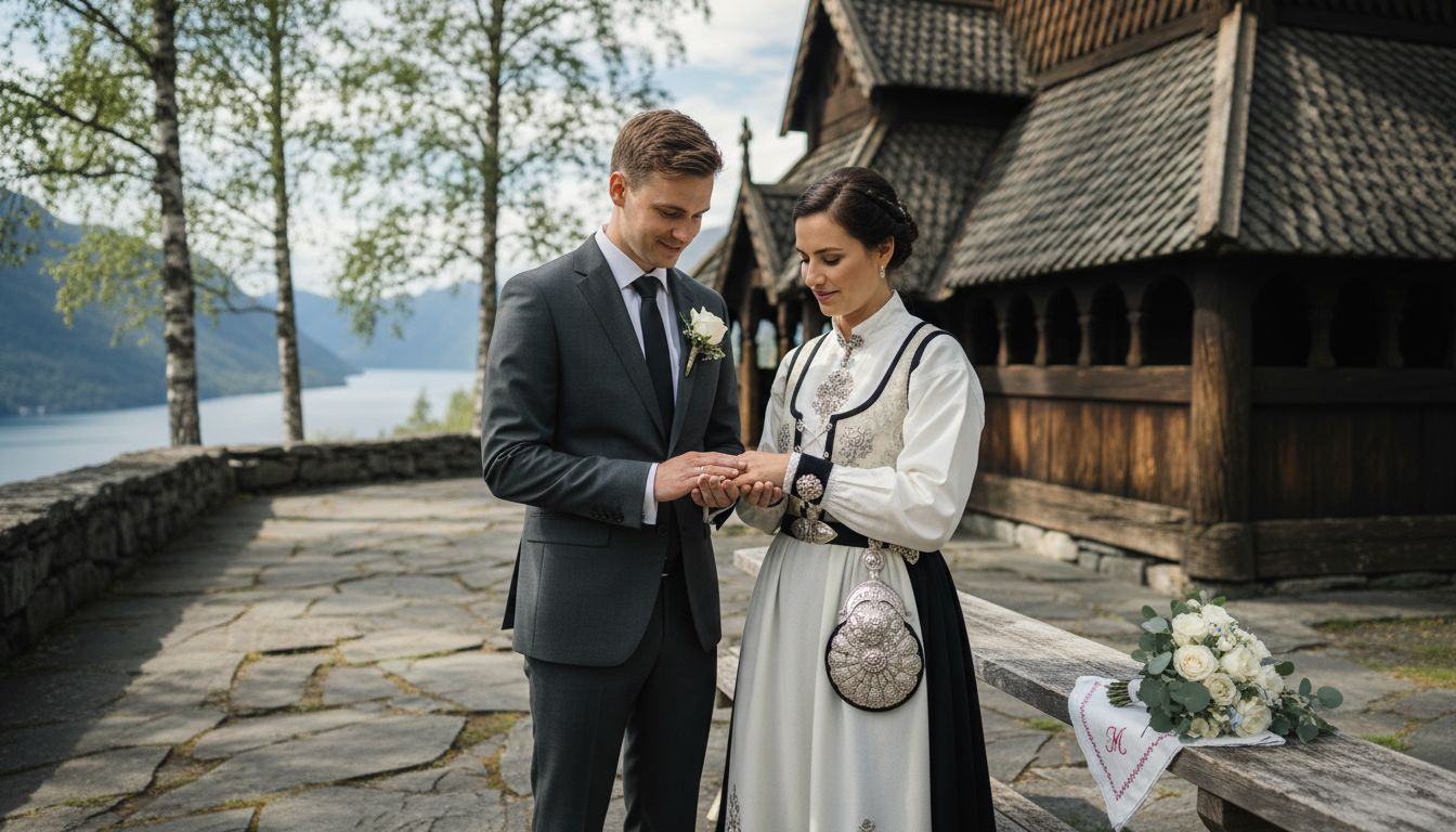 Et norsk par beundrer bryllupssmykkene sine ute i det fri.